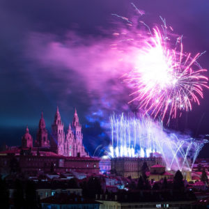 Panoramic view of Santiago de Compostela during the celebration of the fireworks of the Apostle Santiago